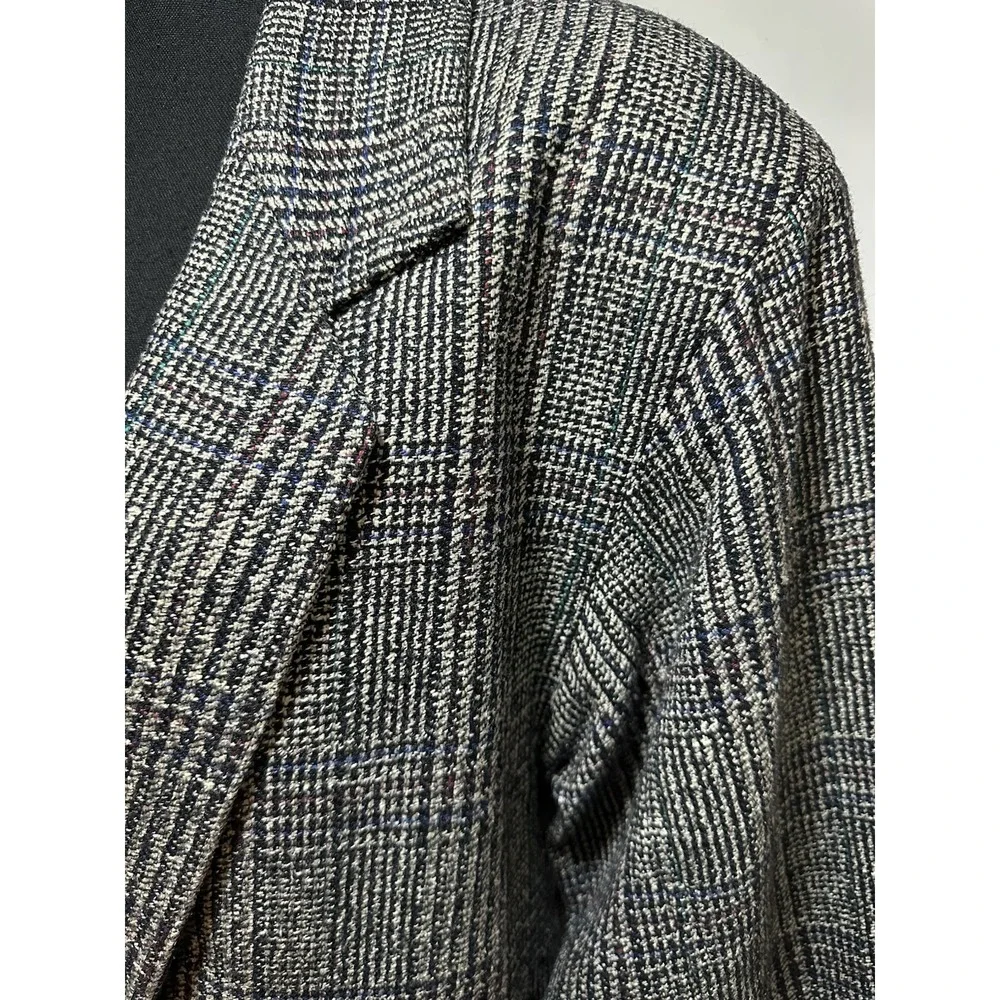 VTG Adolfo International Women 100% Silk Oversized Glen Plaid Gray Blazer‎ SMALL
